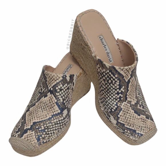 CHARLES DAVID Snakeskin Espadrille Shoes Size 6 Animal Print Leather Clog Wedge - Picture 1 of 15